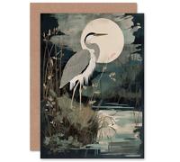 Artery8 Supper Time Moonlit Heron Earthy for Him or Her Man Woman Birthday Thank You Congratulations Blank Art Greeting Card