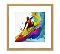 Artery8 Surfer Cutback In Motion Vibrant Abstract Multicoloured Watercolour Painting Surfing Water Sport Square Wooden Framed Wall Art Print Picture Artery8 Light Oak