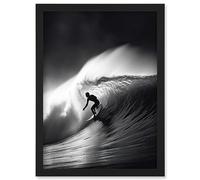 Artery8 Surfer Riding a Big Wave Black and White Photo Artwork Framed Wall Art Print A4