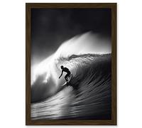 Artery8 Surfer Riding a Big Wave Black and White Photo Artwork Framed Wall Art Print A4