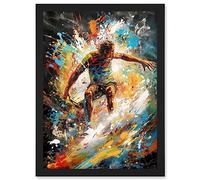 Artery8 Surfer Surfing on Crashing Waves Splatter Paint Artwork Framed A3 Wall Art Print