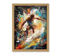 Artery8 Surfer Surfing on Crashing Waves Splatter Paint Artwork Framed Wall Art Print 18X24 Inch