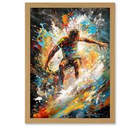 Artery8 Surfer Surfing on Crashing Waves Splatter Paint Artwork Framed Wall Art Print A4
