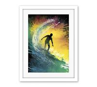 Artery8 Surfer Surfing Riding a Big Rainbow Colour Wave Artwork Framed Wall Art Print 18X24 Inch