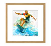 Artery8 Surfer Surfing Riding Point Break Wave Water Sport Sea Oil Painting Square Wooden Framed Wall Art Print Picture 8X8 Inch in Light Oak Artery8 Light Oak