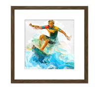 Artery8 Surfer Surfing Riding Point Break Wave Water Sport Sea Oil Painting Square Wooden Framed Wall Art Print Picture 8X8 Inch in Brown Artery8 Brown