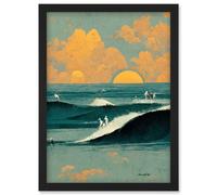 Artery8 Surfers Surfing Chasing Waves at Sunset Teal Mustard Abstract Oil Paint Artwork Framed Wall Art Print A4 in Black Artery8 Black