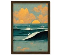 Surfers Surfing Chasing Waves at Sunset Teal Mustard Abstract Oil Paint Artwork Framed Wall Art Print A4 Artery8 Brown One Size
