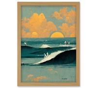 Surfers Surfing Chasing Waves at Sunset Teal Mustard Abstract Oil Paint Artwork Framed Wall Art Print A4 Artery8 Light Oak One Size