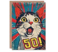 Artery8 Surprise Retro Style Fifty 50 Year Old Cat Lover Blank For Him Or Her Art Birthday Card