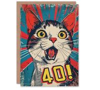Artery8 Surprise Retro Style Forty 40 Year Old Cat Lover Blank For Him Or Her Art Birthday Card