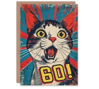 Artery8 Surprise Retro Style Sixty 60 Year Old Cat Lover Blank For Him Or Her Art Birthday Card
