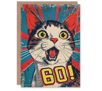 Artery8 Surprise Retro Style Sixty 60 Year Old Cat Lover Blank For Him Or Her Art Birthday Card