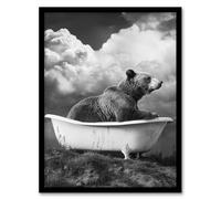 Artery8 Surreal Bear in Bathtub Black White Bath Time Bathroom Toilet Artwork Framed Wall Art Print A4