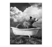 Surreal Bear in Bathtub Black White Bath Time Wall Art Print Artery8 Grey W24 inch x H32 inch