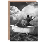 Artery8 Surreal Bear in Bathtub Black White Bath Time Birthday Greeting Card in Grey Artery8 Grey