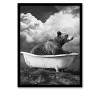 Artery8 Surreal Bear in Bathtub Black White Bath Time Framed Art Print in Grey | Size: A4 Artery8 Grey A4