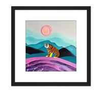 Artery8 Surreal Bengal Tiger Hunts Under A Pink Moon Square Wooden Framed Wall Art Print Picture 8X8 Inch in Black Artery8 Black