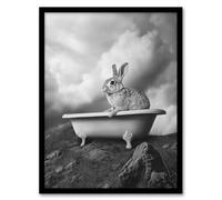 Artery8 Surreal Bunny Rabbit Hare in Bathtub Black White Bathroom Toilet Artwork Framed Wall Art Print 18X24 Inch