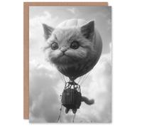 Artery8 Birthday Card Surreal Cat Lover Air Balloon Travel Black White Blank Arty Art All Occasion Greeting Card