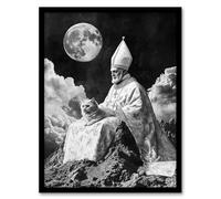 Artery8 Surreal Cat Lover Pope & Moon Black White Framed Art Print in Grey | Size: A4 Artery8 Grey A4