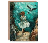 Artery8 Surreal Dream Dive Stone Steps Sea Birds Birthday Greeting Card in Blue Artery8 Blue