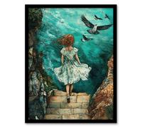 Surreal Dream Dive Girl Stone Steps Sea Birds Framed Art Print Artery8 Blue A4