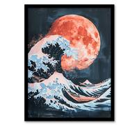 Artery8 Surreal Great Wave Blood Moon Sea Storm Painting Framed Wall Art in Blue | Size: A4 Artery8 Blue A4