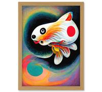 Artery8 Surreal Japan Koi Fish Illustration Modern Abstract Artwork Framed Wall Art Print A4 in Light Oak Artery8 Light Oak