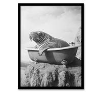 Artery8 Surreal Walrus in Bathtub Black White Coastal Framed Art Print in Grey | Size: W12" x H16" Artery8 Grey W12" x H16"