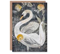 Artery8 Swan & Dandelion Flowers Line Pattern Painting Birthday Art Card in White Artery8 White