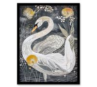 Artery8 Swan & Dandelion Flowers Line Pattern Painting Framed Art Print in White | Size: W12" x H16" Artery8 White W12" x H16"