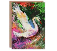 Artery8 Swan Landing on Lake Colourful Painting Birthday Art Card Artery8 Multicolor