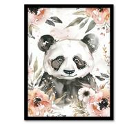 Artery8 Sweet Panda Watercolour Portrait Wildflowers Cute Framed Art Print in Grey | Size: W12" x H16" Artery8 Grey W12" x H16"