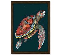Artery8 Swimming Sea Turtle Modern Folk Art Illustration Artwork Framed A3 Wall Art Print