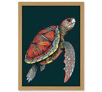 Artery8 Swimming Sea Turtle Modern Folk Art Illustration Artwork Framed A3 Wall Art Print