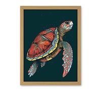 Artery8 Swimming Sea Turtle Modern Folk Art Illustration Artwork Framed Wall Art Print 18X24 Inch