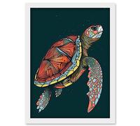 Artery8 Swimming Sea Turtle Modern Folk Art Illustration Artwork Framed Wall Art Print A4