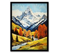 Artery8 Swiss Alps In Autumn Oil Painting Switzerland Snow Capped Peaks Over Idyllic Alpine Meadow Art Print Framed Poster Wall Decor Artery8 Black W12" x H16"