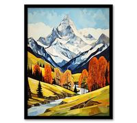 Artery8 Swiss Alps In Autumn Oil Painting Switzerland Snow Capped Peaks Over Idyllic Alpine Meadow Artwork Framed Wall Art Print A4