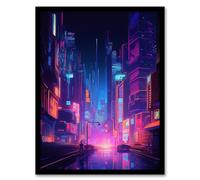 Artery8 Synthpop City Modern Neon Futuristic Cityscape Blue Purple Artwork Framed Wall Art Print 18X24 Inch