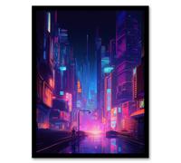 Synthpop City Modern Neon Futuristic Cityscape Blue Purple Artwork Framed Wall Art Print A4 Artery8 Black A4