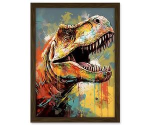 Artery8 T-Rex Roaring Dinosaur Multicoloured Portrait Artwork Framed A3 Wall Art Print