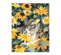 Artery8 Tabby Cat Lover Asleep in Wildflower Garden Living Room Large Wall Art Poster Print Thick Paper 18X24 Inch
