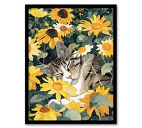Artery8 Tabby Cat Lover Asleep In Wildflower Garden Wall Art Print - A4 Size