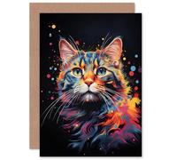 Artery8 Tabby Cat Lover Gift Pet Portrait Blue Pink Orange on Black Artwork Painting Sealed Greeting Card Plus Envelope Blank inside