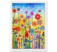 Artery8 Tall Mixed Flowers Folk Art Watercolour Painting Artwork Framed A3 Wall Art Print