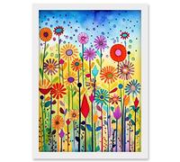 Artery8 Tall Mixed Flowers Folk Art Watercolour Painting Artwork Framed Wall Art Print A4