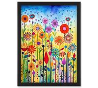 Artery8 Tall Mixed Flowers Folk Art Watercolour Painting Artwork Framed Wall Art Print A4