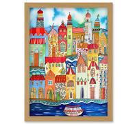 Artery8 Tangier Morocco Folk Art Artwork Framed Wall Art Print A4 in Light Oak Artery8 Light Oak